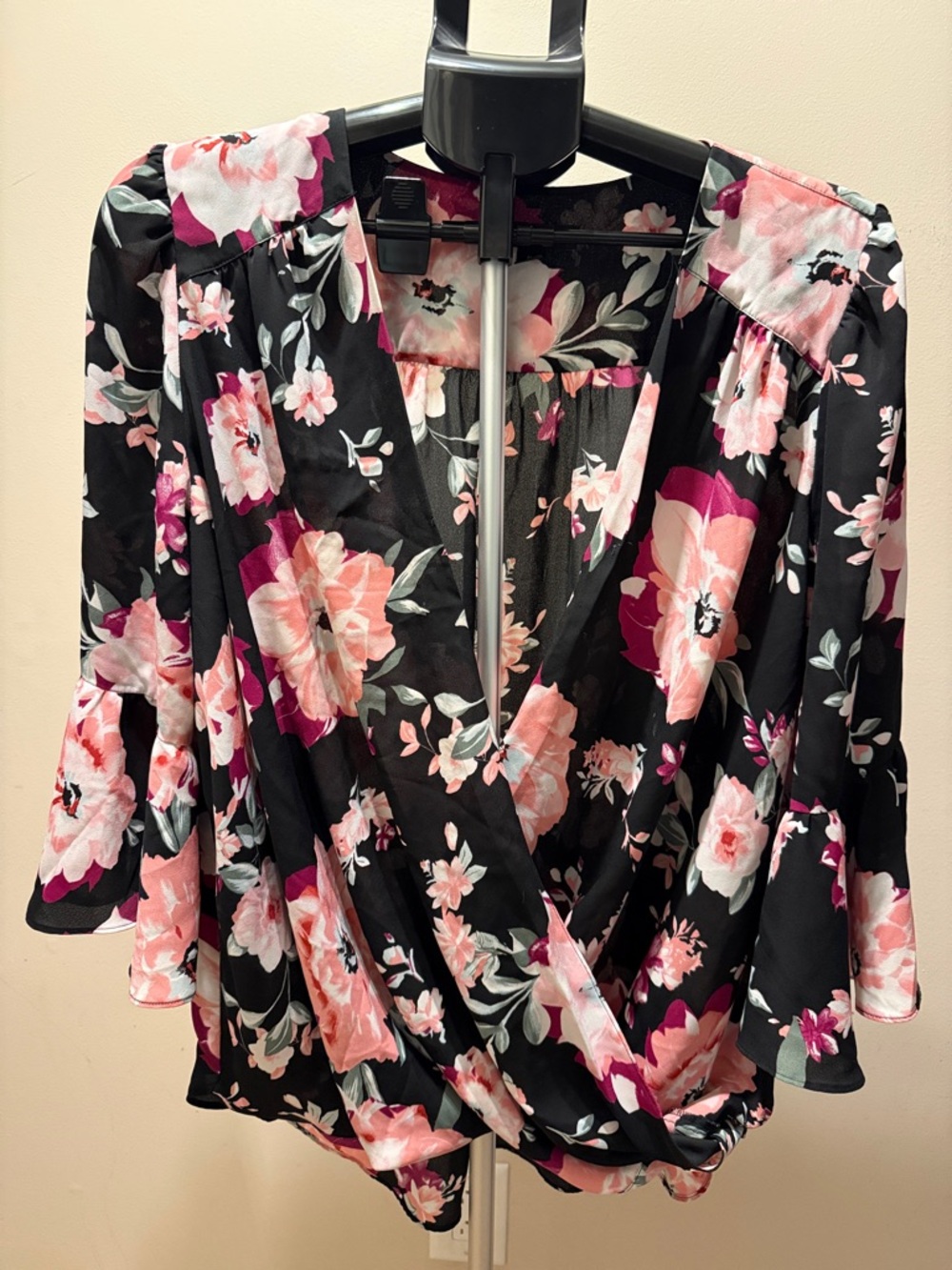 Floral Wrap Blouse - Black with Pink Floral